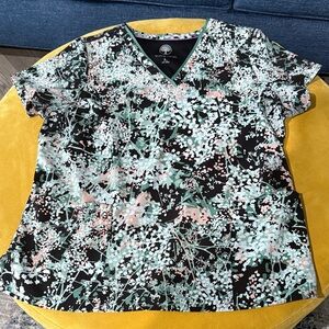 Healing Hands Black and Green Floral Scrub Top